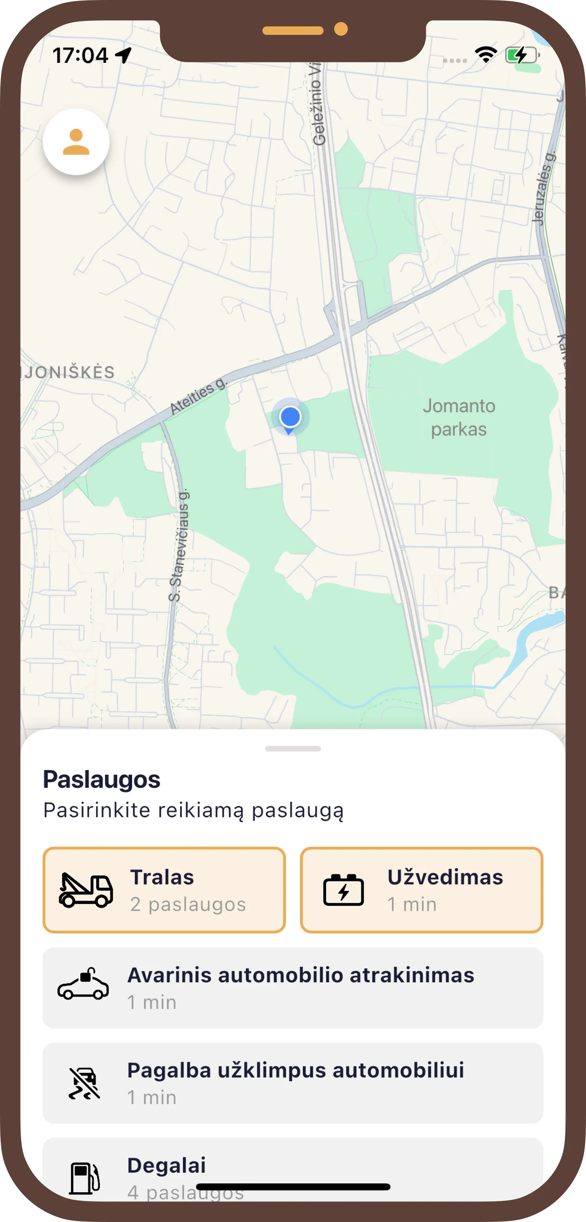 Traffi Help mobili programėlė rodanti techninės pagalbos kelyje žemėlapį su paslaugų pasirinkimais